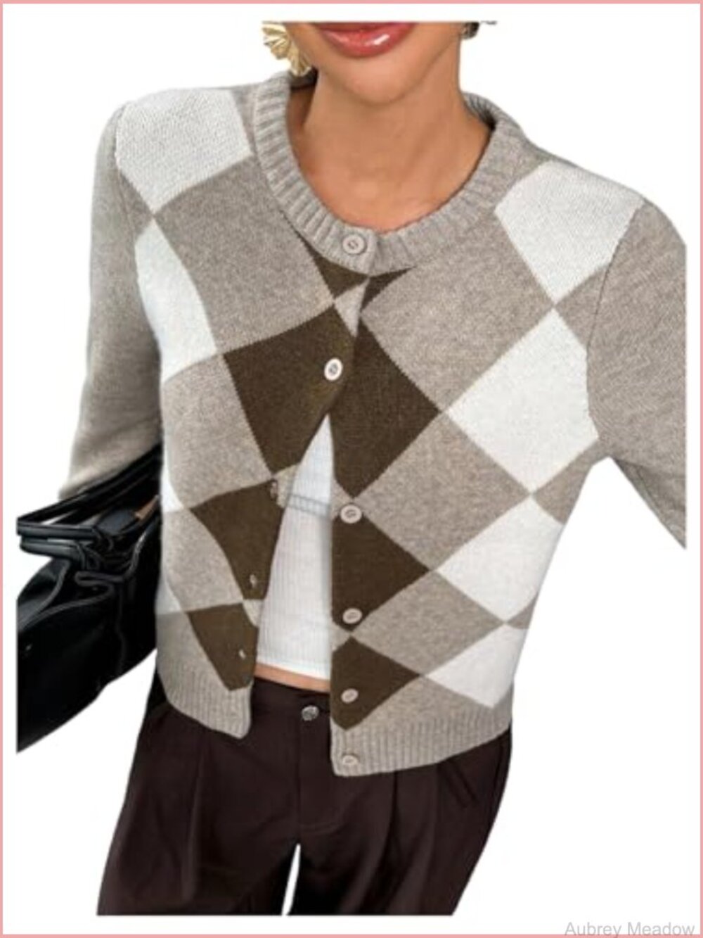 Argyle Plaid Cardigan Sweater Button Down Long Sleeve Crew Neck - Picture 4 of 5